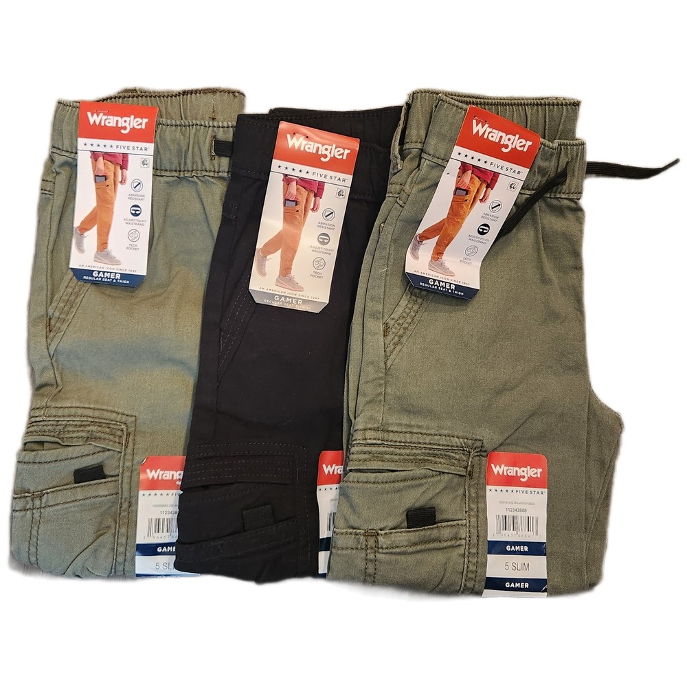 Lot of 3 Wrangler Boys Gamer Cargo Pants 5 Slim Olive Black Tech Pocket NWT